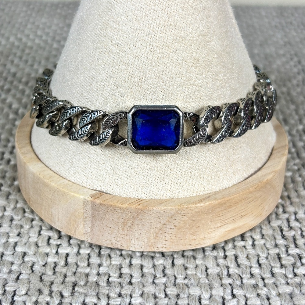 Vintage Bold Silver Blue Stone Curb Link Bracelet Etched Scrollwork Mens